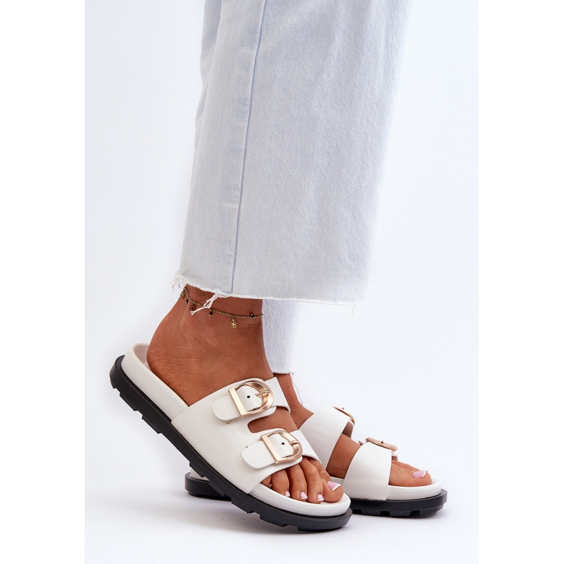 Women's Eco Leather Flip-Flops With Buckles, White Valmira 2