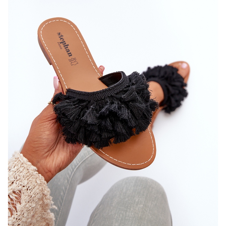 Women's Flat Flip Flops With Fringes, Black Rialle 1