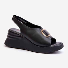 Leather Women's Wedge Sandals With Decoration, Black Salvania 1