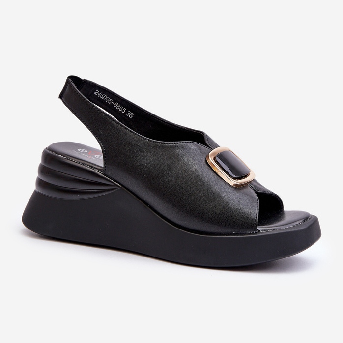 Leather Women's Wedge Sandals With Decoration, Black Salvania 1