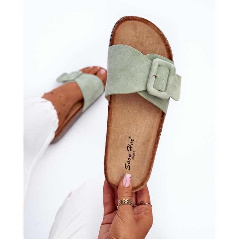 Women's Eco Suede Flip-Flops with a Buckle, Mint Laeltia green 1