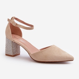 Beige pumps made of eco suede on a decorated heel by Anlitela 1