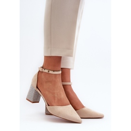 Beige pumps made of eco suede on a decorated heel by Anlitela 2