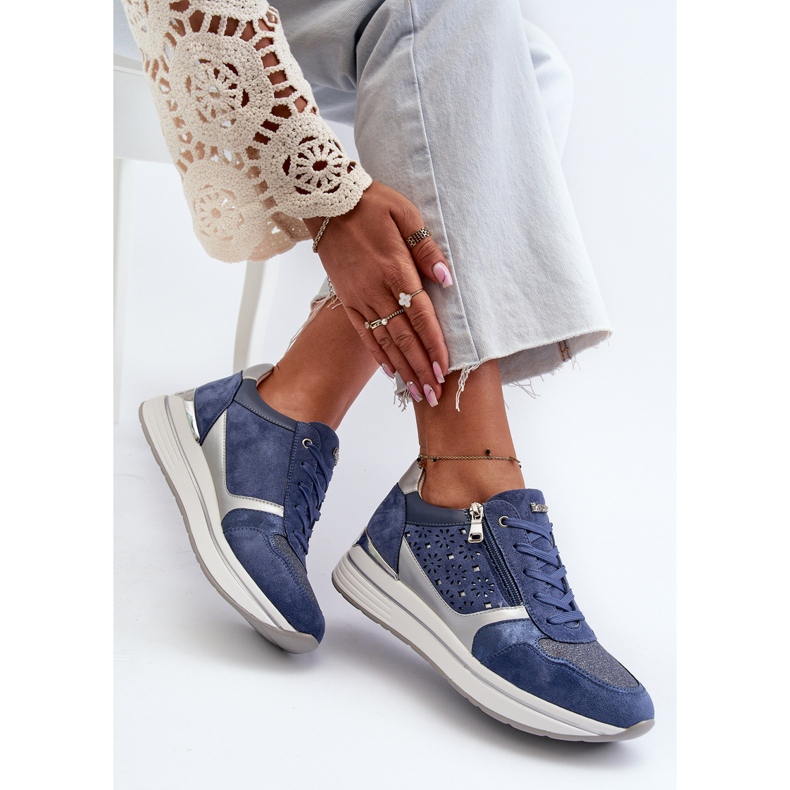 Women's Platform Sneakers With Openwork Pattern and Glitter INBLU IN000372 Blue 1