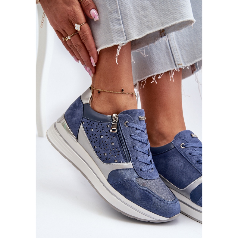 Women's Platform Sneakers With Openwork Pattern and Glitter INBLU IN000372 Blue 2
