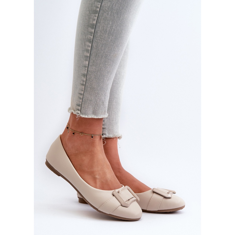 Light Beige Eco Leather Ballet Flats With Belt and Decoration Cadwenla 2