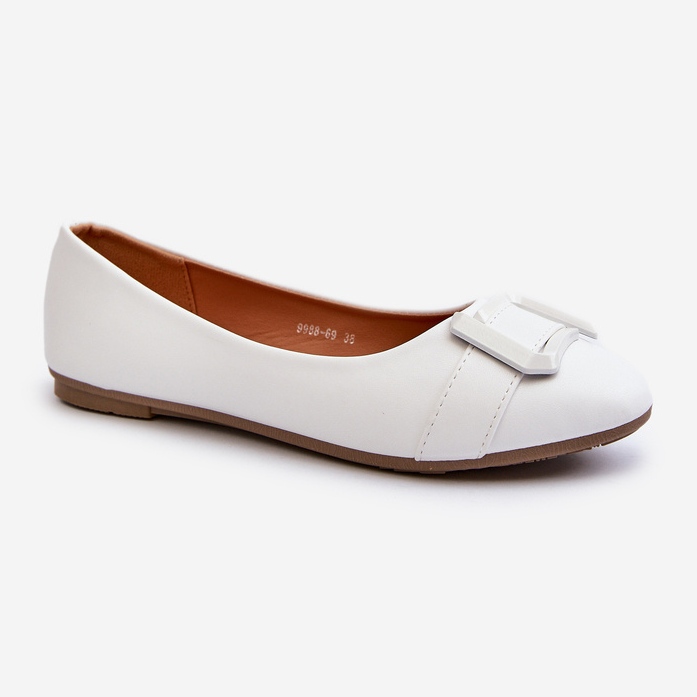 White Eco Leather Ballet Flats With Belt and Decoration Cadwenla 1