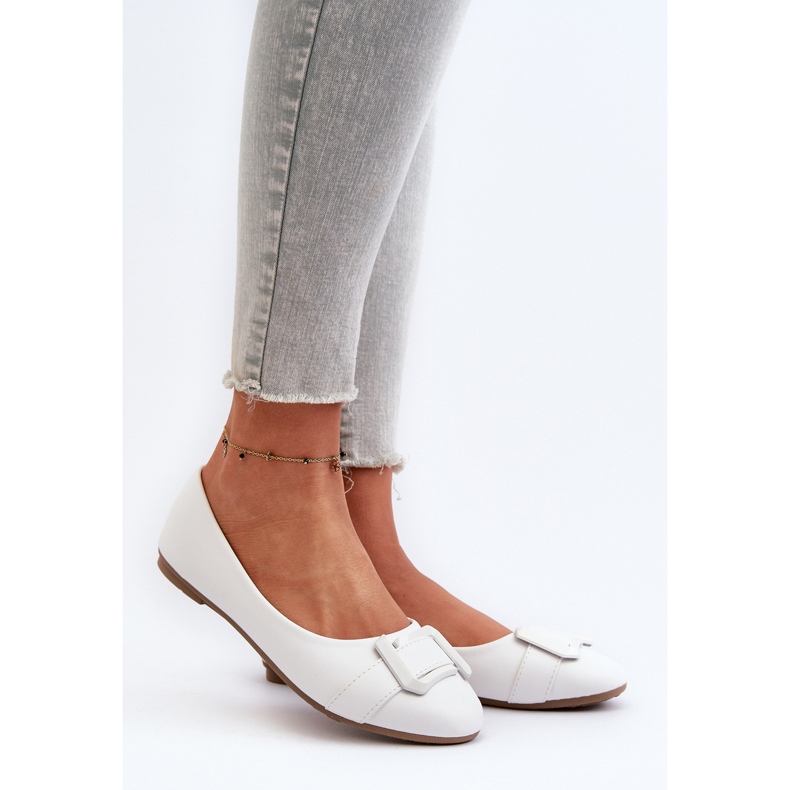 White Eco Leather Ballet Flats With Belt and Decoration Cadwenla 2