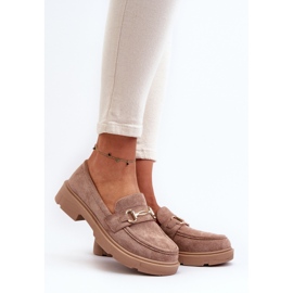 Women's Loafers With Gold Decoration, Eco Suede, Brown Lighas 2