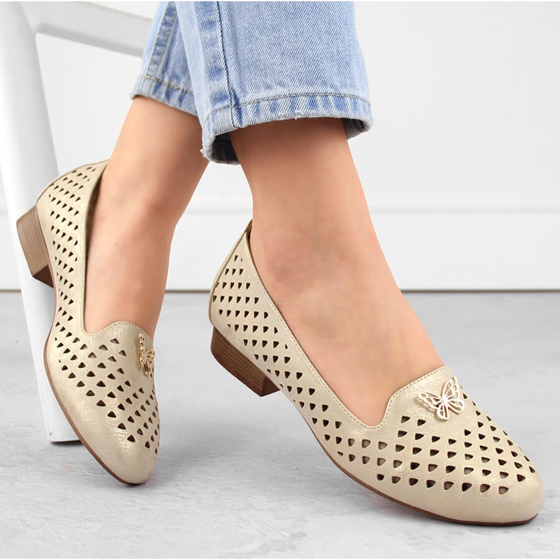 M. DASZYŃSKI Women's openwork shoes with low heels, gold M.Daszyński beige 2