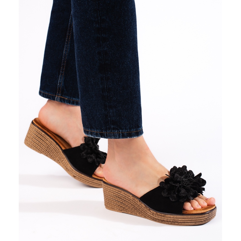 Black suede wedge mules 1