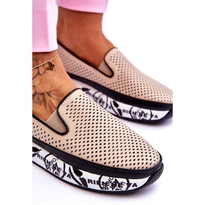 S.Barski Women's Openwork Leather Sneakers Slip-On Beige Sorito 2