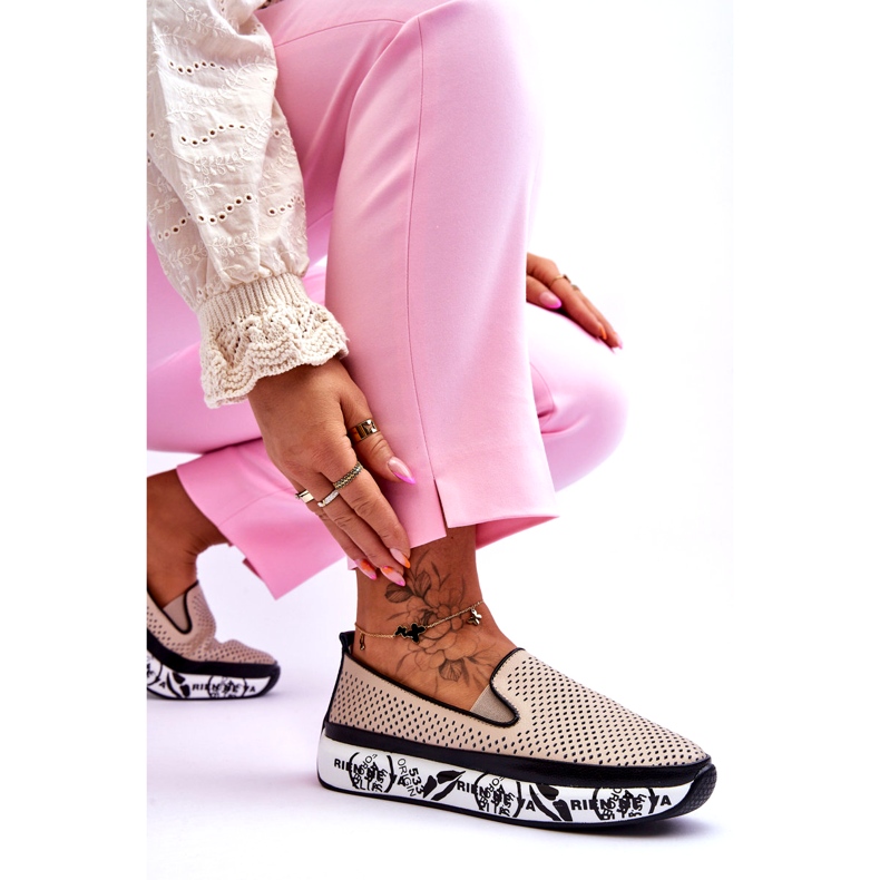 S.Barski Women's Openwork Leather Sneakers Slip-On Beige Sorito 3