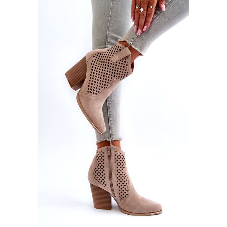 Women's Openwork Eco Suede Ankle Boots On A High Heel, Beige Stardara 5