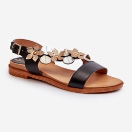 Women's Leather Sandals Decorated with Flowers Laura Messi 2762 Black 1