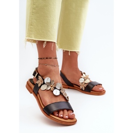 Women's Leather Sandals Decorated with Flowers Laura Messi 2762 Black 2