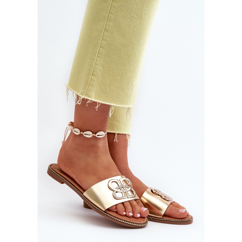 Women's Flip-Flops With Eco-Leather Decoration On A Flat Heel, Gold Sadria golden 2 Women's Flip-Flops With Eco-Leather Decoration On A Flat Heel, Gold Sadria golden 2