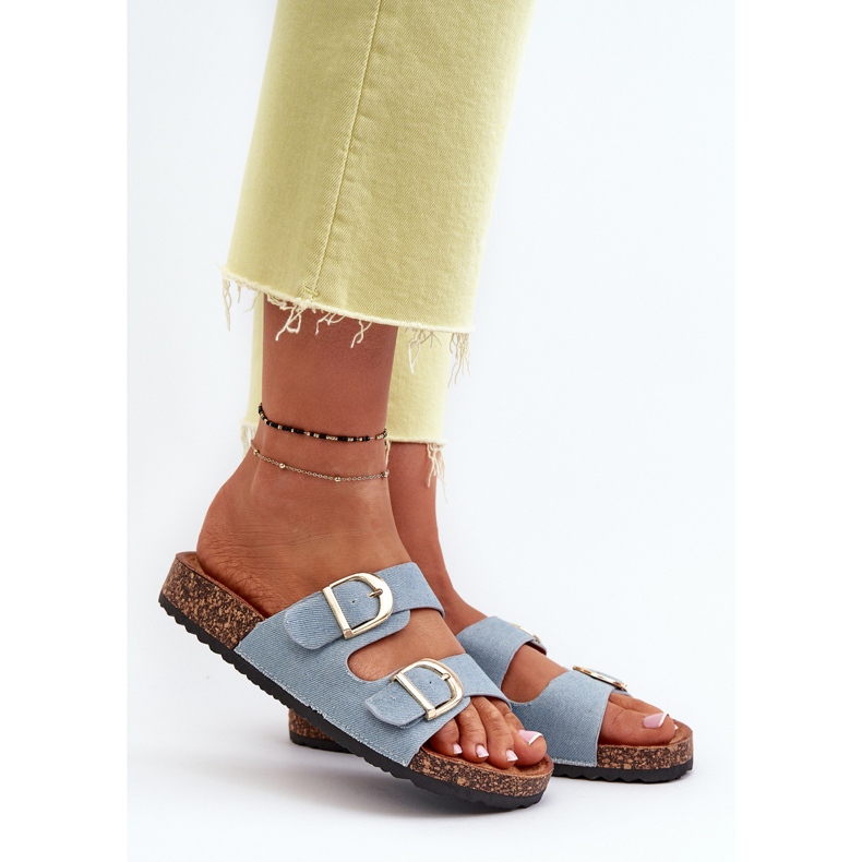 Women's denim flip-flops on a cork platform with straps, blue Doretta 2