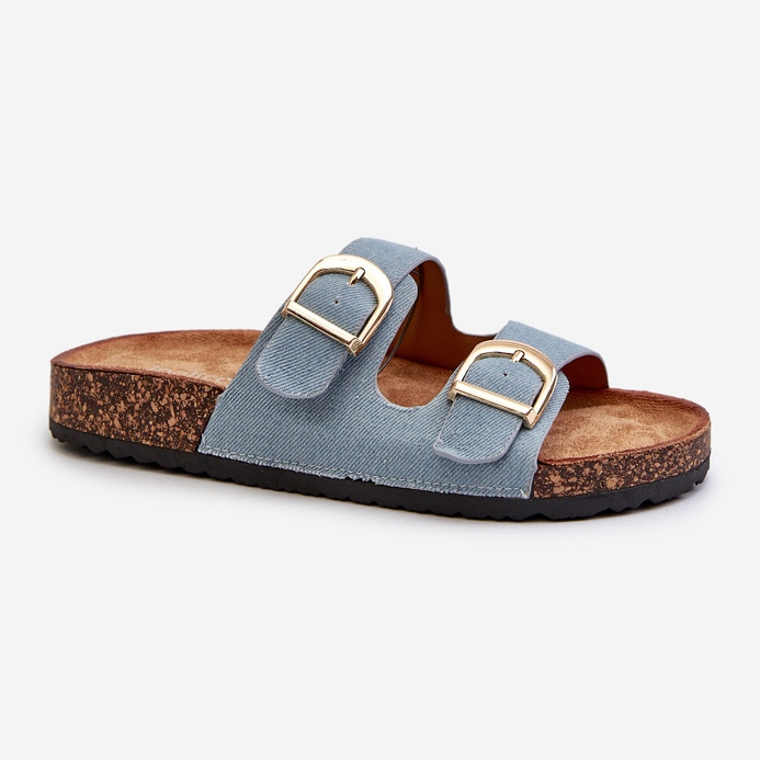 Women's denim flip-flops on a cork platform with straps, blue Doretta 1