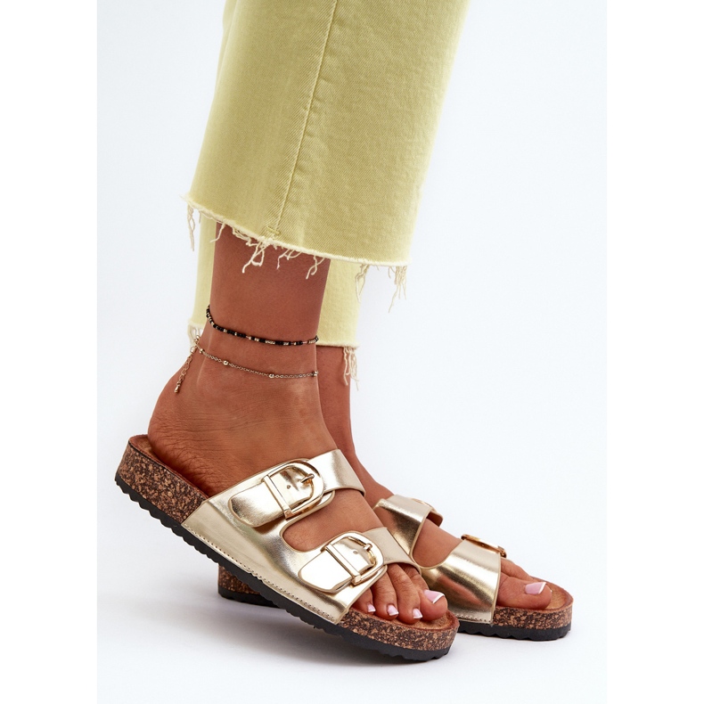 Women's flip-flops on a cork platform with straps, golden Doretta 2