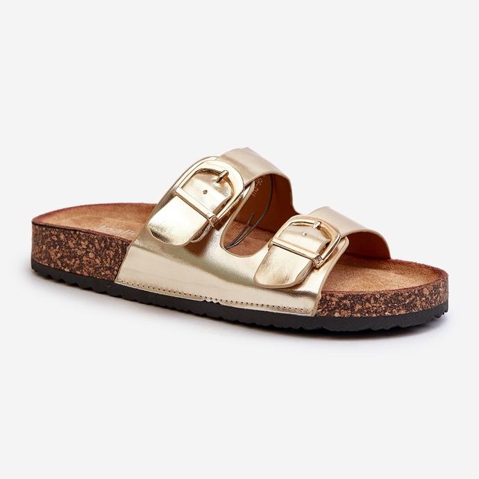 Women's flip-flops on a cork platform with straps, golden Doretta 1