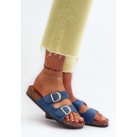 Women's denim flip-flops on a cork platform with straps, dark blue Doretta 2