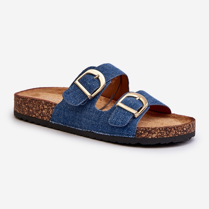 Women's denim flip-flops on a cork platform with straps, dark blue Doretta 1