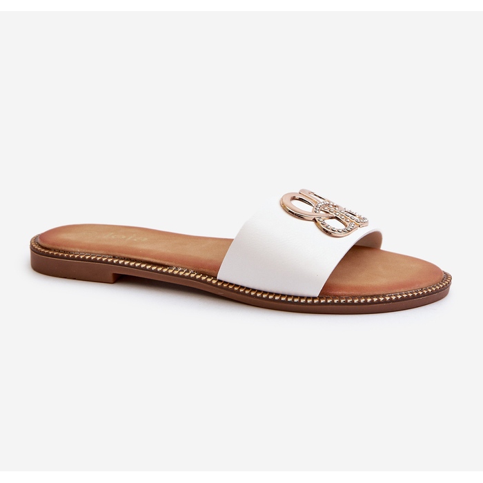 Women's Flip-flops With Eco Leather Decoration On Flat Heels, White Sadria 1