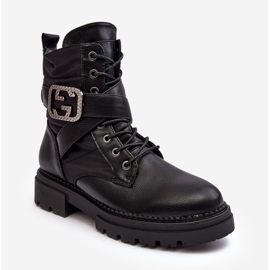 Black Gennee Leather Worker Ankle Boots With Chain 1