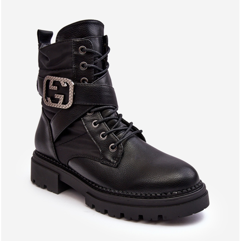 Black Gennee Leather Worker Ankle Boots With Chain 1