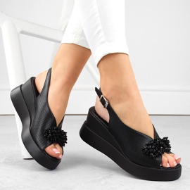 Black leather women's wedge sandals with beads Filippo DS6076 1