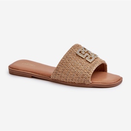 Women's flat flip-flops with braid and decoration, Beige Omenna 1