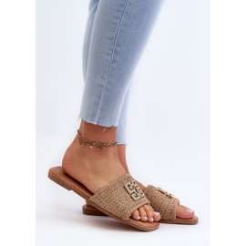 Women's flat flip-flops with braid and decoration, Beige Omenna 2