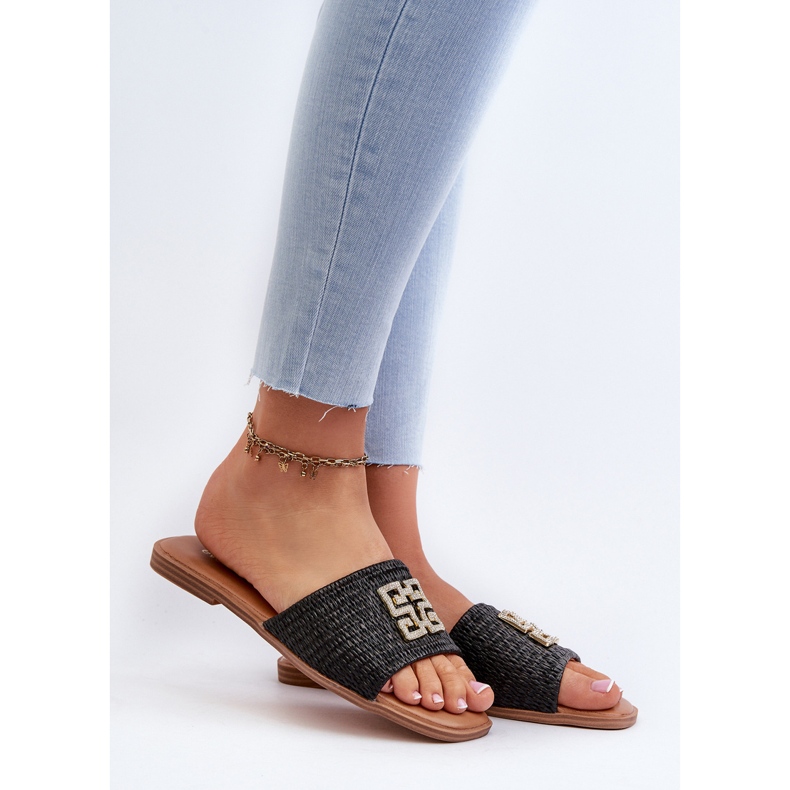 Women's flat flip-flops with braid and decoration, Black Omenna 1 Women's flat flip-flops with braid and decoration, Black Omenna 1