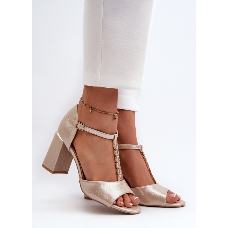 Vinceza Leather high-heeled sandals with rhinestones, golden Aniya 2