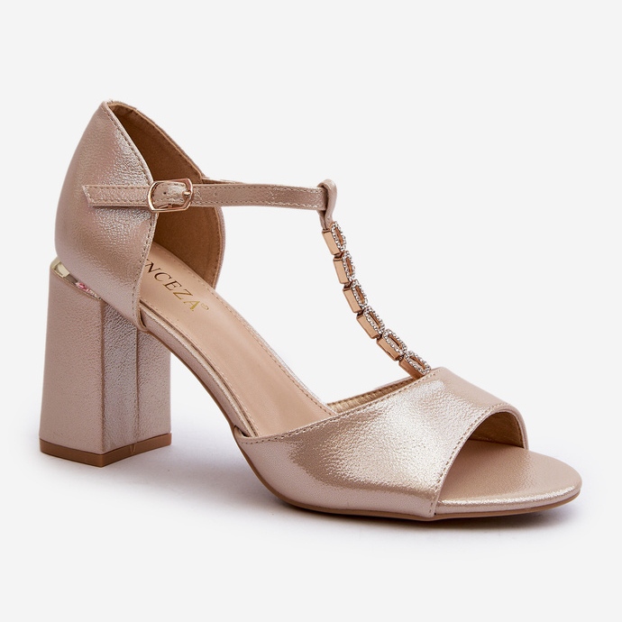 Vinceza Leather high-heeled sandals with rhinestones, golden Aniya 1