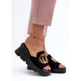Vinceza Women's Flip-Flops Made of Eco Suede on a Wedge and Platform with Gold Decoration, Black Iaria 2
