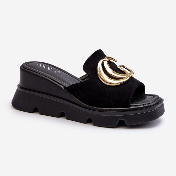 Vinceza Women's Flip-Flops Made of Eco Suede on a Wedge and Platform with Gold Decoration, Black Iaria 1