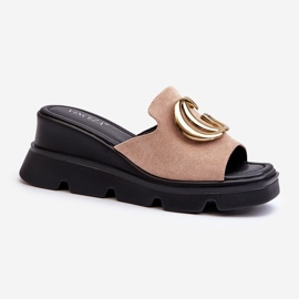 Vinceza Women's Flip-Flops Made of Eco Suede on a Wedge and a Platform with a Gold Decoration, Beige Iaria 1