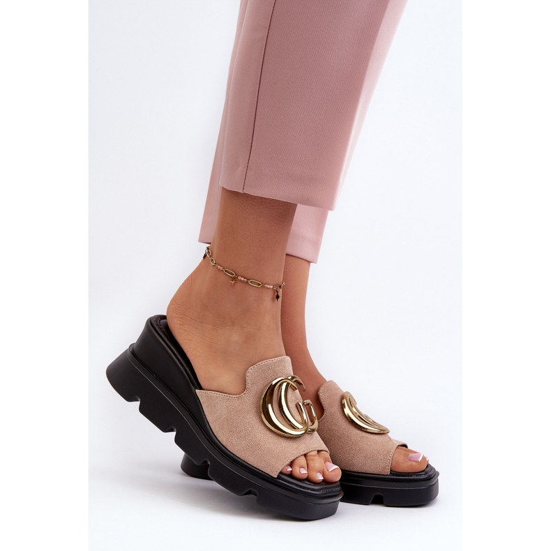 Vinceza Women's Flip-Flops Made of Eco Suede on a Wedge and a Platform with a Gold Decoration, Beige Iaria 2