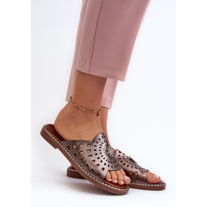 Shiny Women's Flat-Heeled Flip-Flops With Copper Decoration Ebirena brown 2