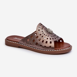 Shiny Women's Flat-Heeled Flip-Flops With Copper Decoration Ebirena brown 1