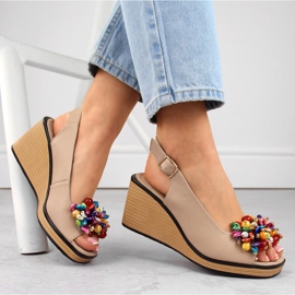 Beige leather wedge sandals with colorful beads Filippo DS6021 1