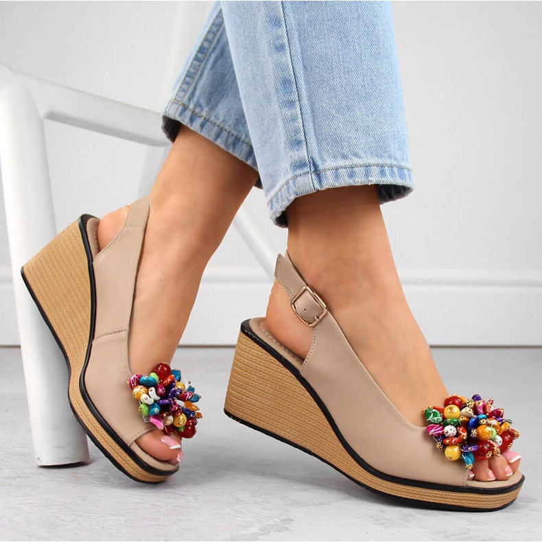 Beige leather wedge sandals with colorful beads Filippo DS6021 1
