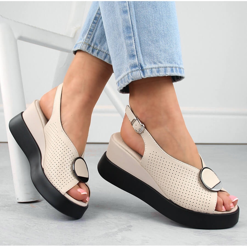 Beige leather openwork wedge sandals Filippo DS6074 1