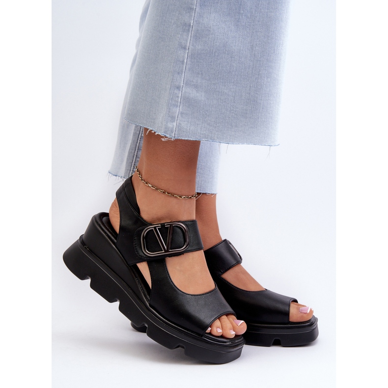 Vinceza Women's Sandals On A Wedge And A Platform Made Of Eco Leather, Black Triaola 2