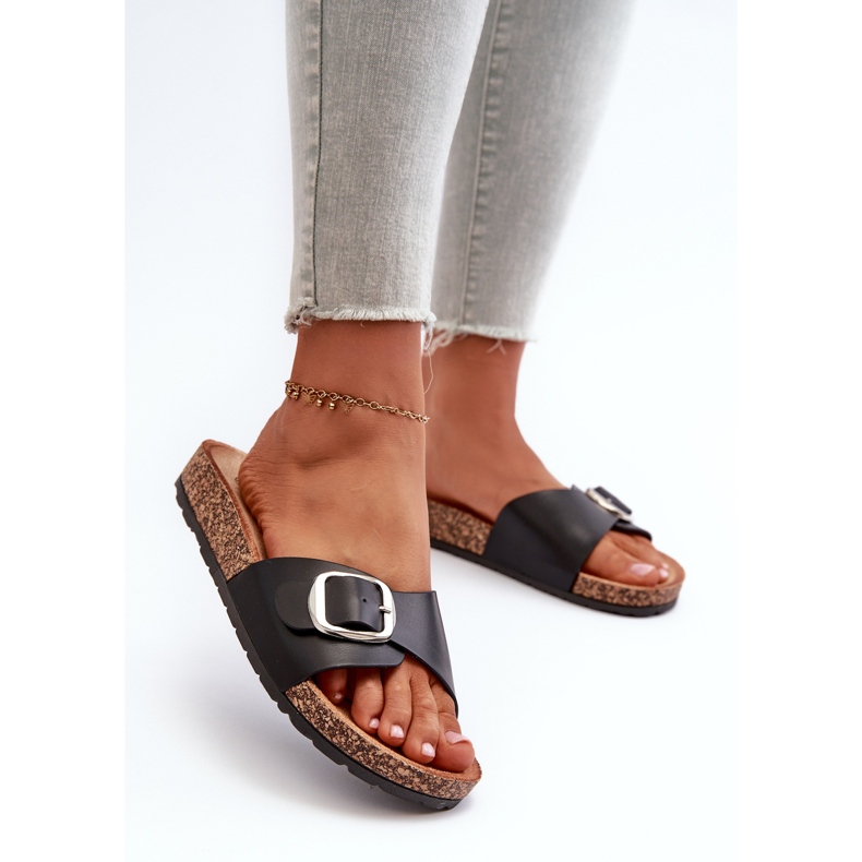 Women's Flip-Flops on a Cork Platform with a Buckle, Black Moaxi 2
