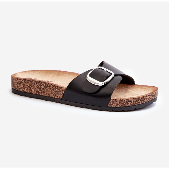 Women's Flip-Flops on a Cork Platform with a Buckle, Black Moaxi 1