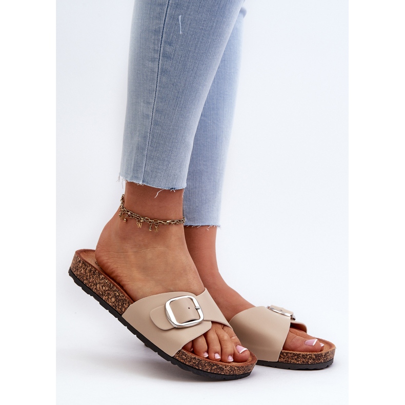 Women's Flip-Flops on a Cork Platform with a Buckle, Beige Moaxi 1
