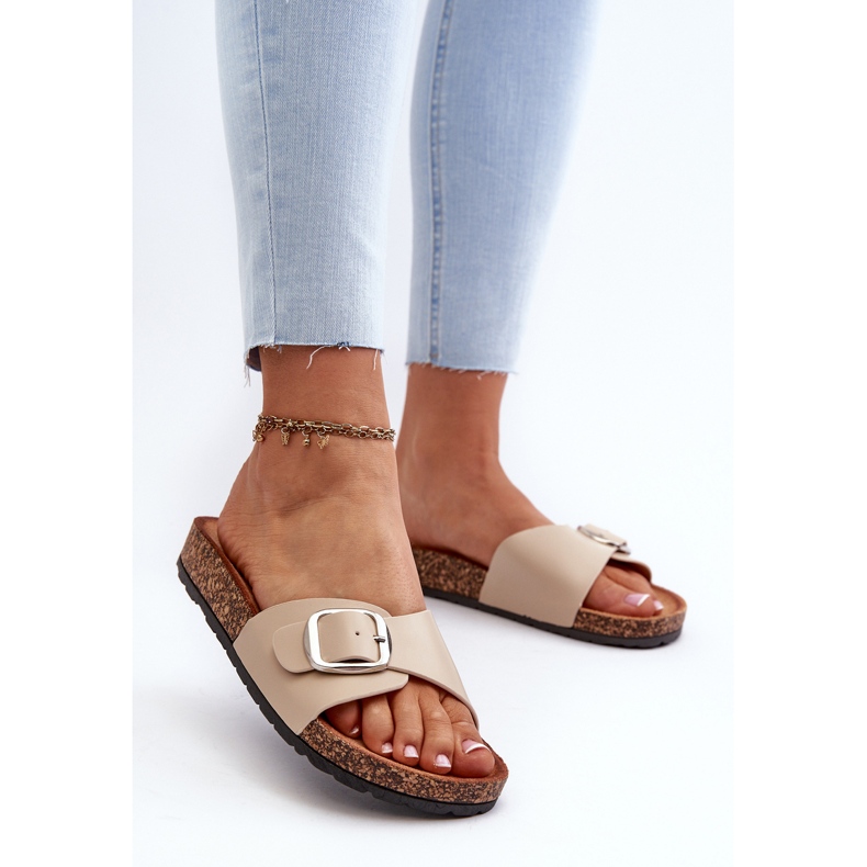 Women's Flip-Flops on a Cork Platform with a Buckle, Beige Moaxi 2